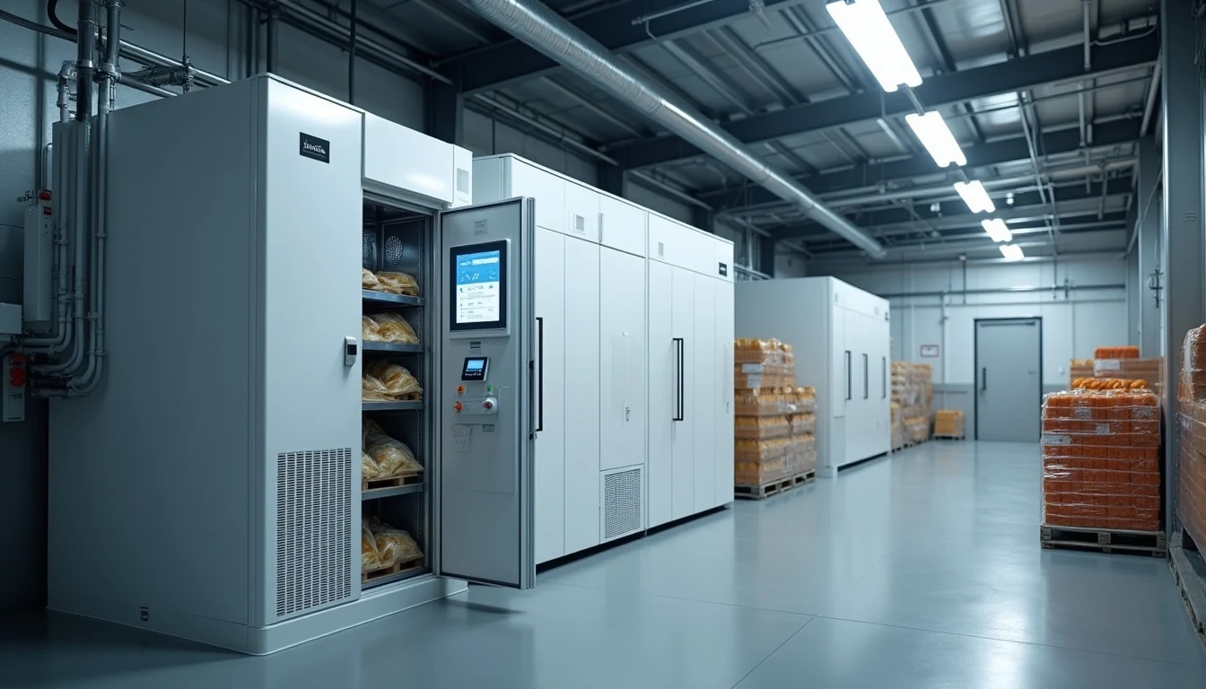 Enerji verimli soğutma sistemi için düzenli hava akışı ve otomasyon takibi yapılan modern endüstriyel depo