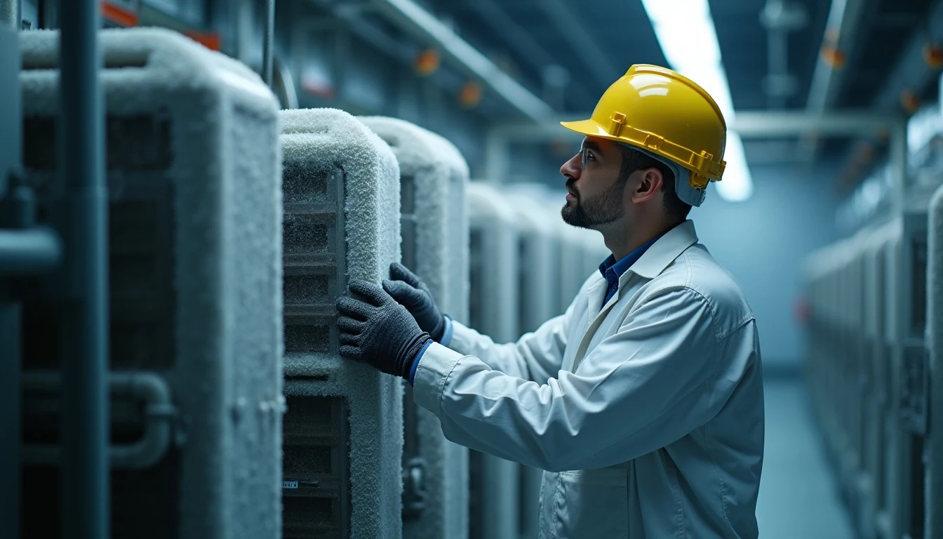 Soğuk hava deposunda evaporatör buzlanmasını ve teknik kontrolü gösteren görsel