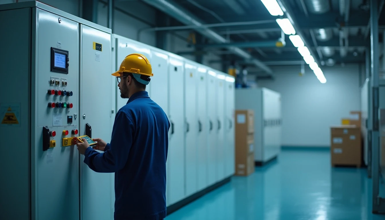 Soğuk hava deposunda teknik ekip kontrol paneli incelemesi