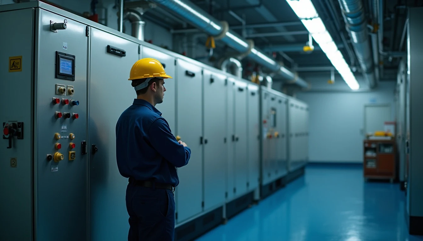 Soğuk hava deposunda teknik ekibin kondenser ve kontrol paneli incelemesi