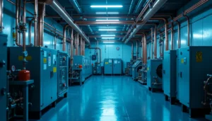 Soğuk hava deposu soğutucu akışkan seçiminde endüstriyel soğutma makine dairesi, bakır borular ve kompresör üniteleri