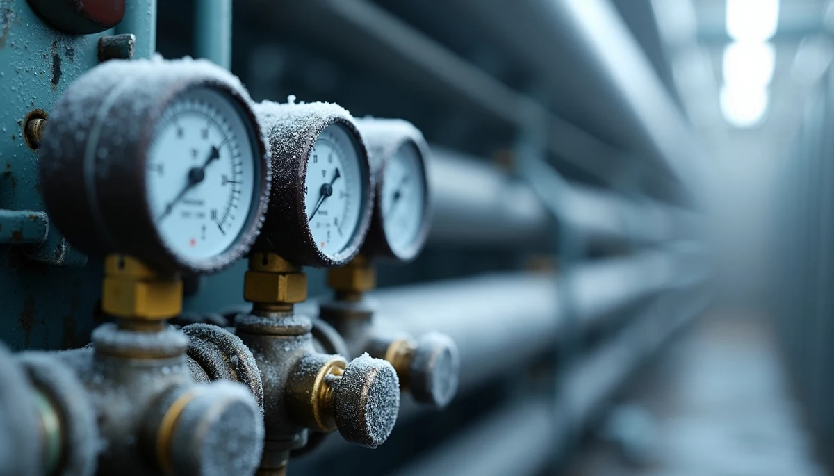 Soğuk hava deposu soğutucu akışkan basınç göstergeleri ve valflar, don boruları üzerinde yoğuşma detayı