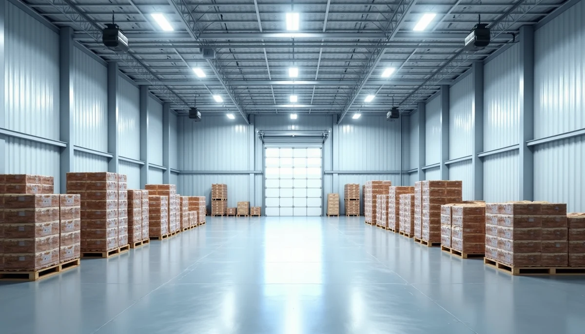 Soğuk hava deposu iç mekanında tavana monte evaporatör üniteleri ve düzenli palet dizilimi